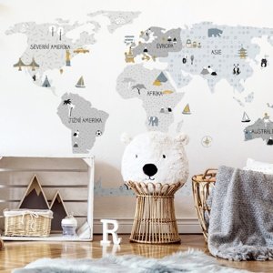 Pastelowe Love® samolepka na zeď mapa světa šedá v češtině Velikost: S Mapa světa v češtině