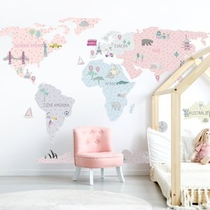 Pastelowe Love® samolepka na zeď mapa světa růžová v češtině Velikost: S Mapa světa v češtině