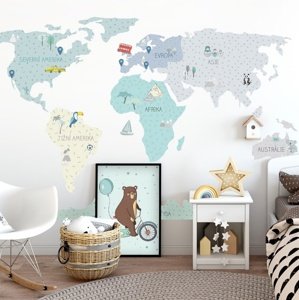 Pastelowe Love® samolepka na zeď mapa světa mint v češtině Velikost: L Mapa světa v češtině
