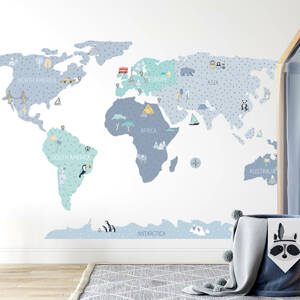 Pastelowe Love® samolepka na zeď mapa světa modrá v angličtině Velikost: S Mapa světa v angličtině