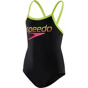 Speedo Girl's Boom Logo Thinstrap Muscleback Swimsuit - Black/ Lime/ Pink 128