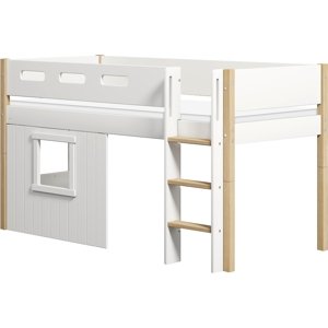Flexa Zvýšená postel Flexa - Nor s rovným žebříkem a čely zahradního domku s okýnkem (bílá)